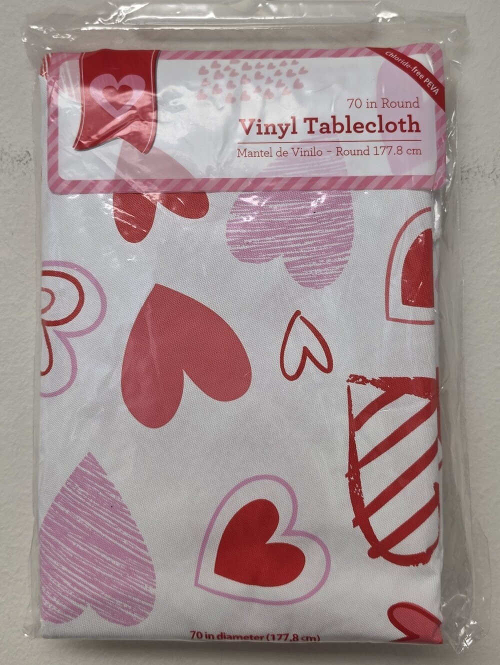 Valentines Day Heart Toss Vinyl Tablecloth Red Pink Hearts 70 inch Round